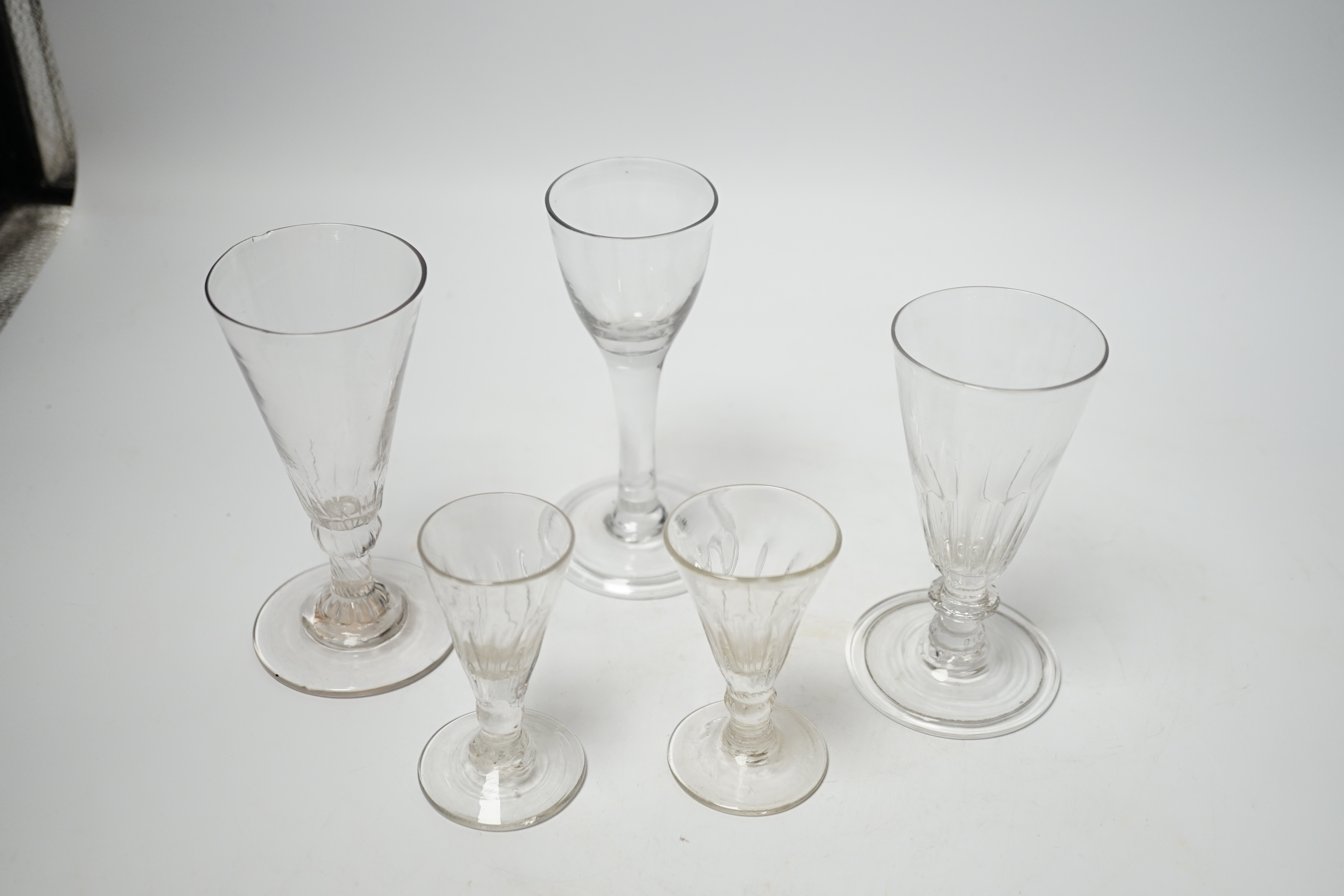 A group of five 18th century wine glasses, tallest 13cms